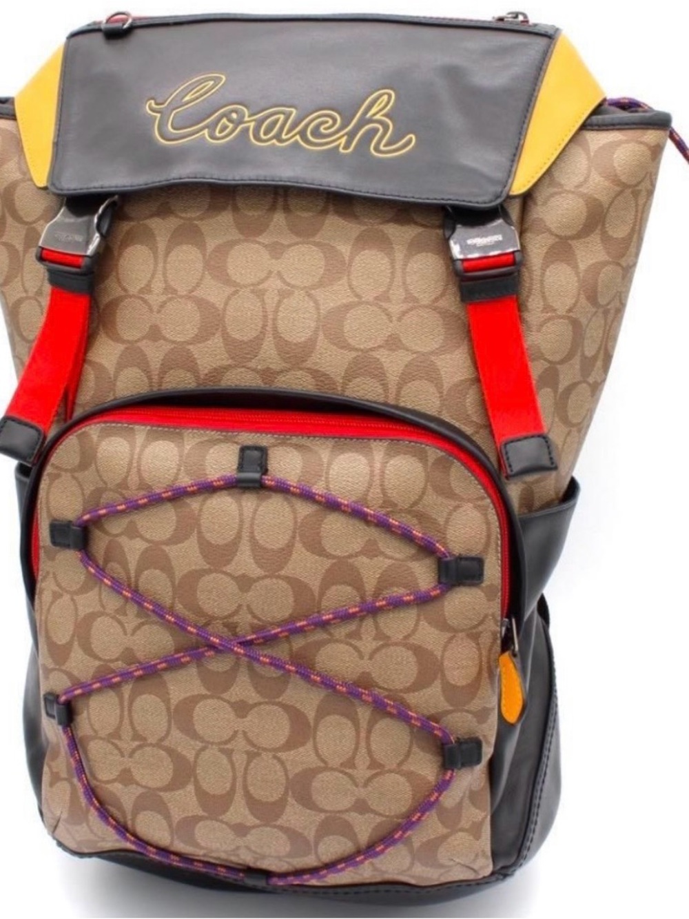 Coach Brown Signature Canvas Backpack with Red and Yellow Accents